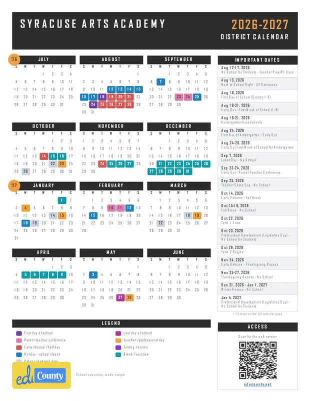 Syracuse Arts Academy printable 2026-27 calendar