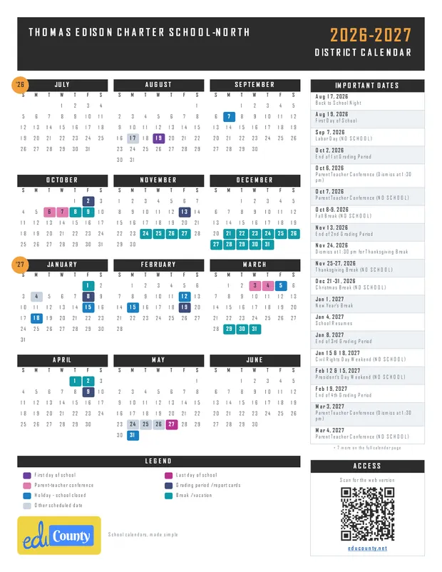 Thomas Edison Charter School-North printable 2026-27 calendar
