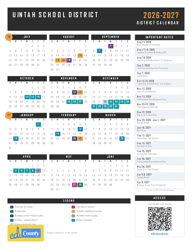 Uintah School District printable 2026-27 calendar