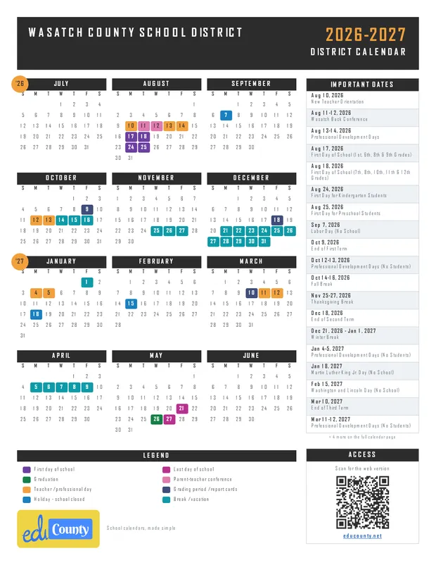 Wasatch County School District printable 2026-27 calendar