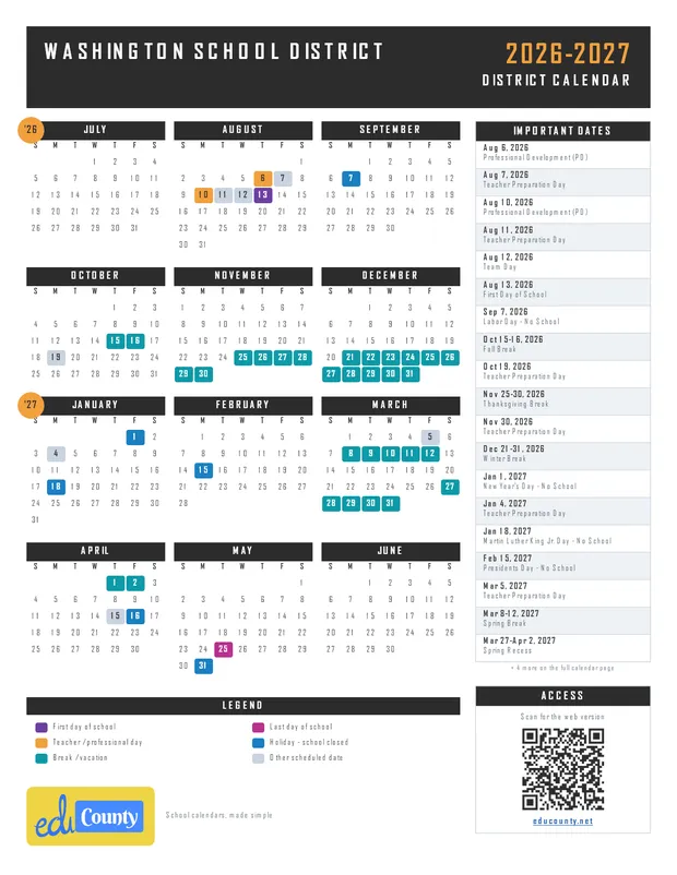 Washington School District printable 2026-27 calendar