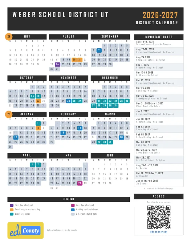Weber School District printable 2026-27 calendar