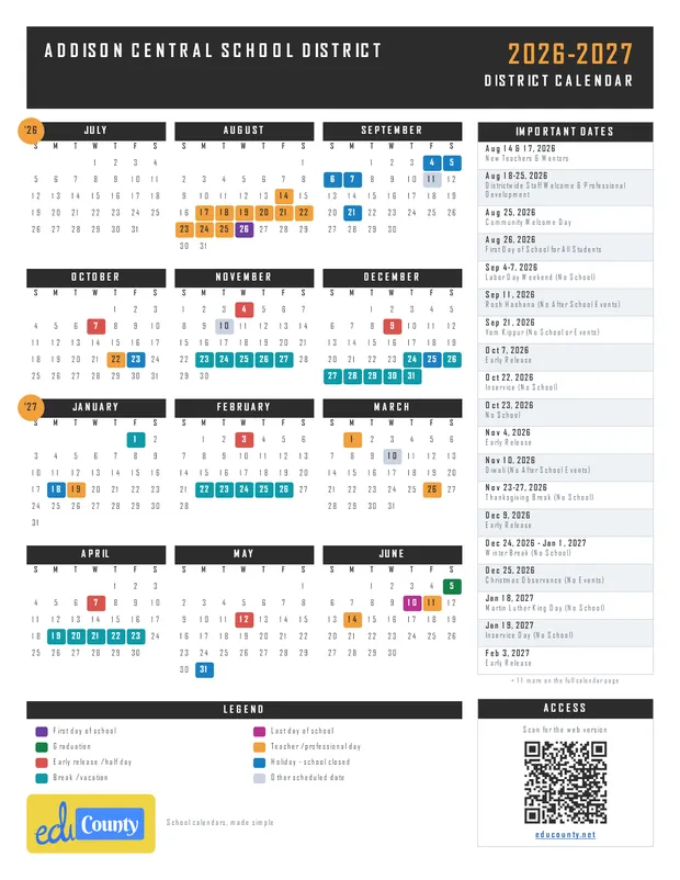 Addison Central School District printable 2026-27 calendar