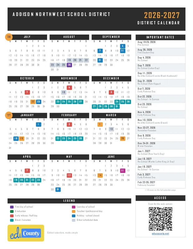 Addison Northwest School District printable 2026-27 calendar
