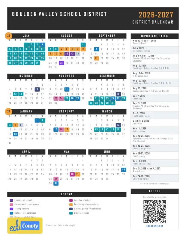 Boulder Valley School District printable 2026-27 calendar