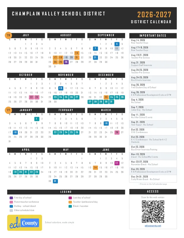 Champlain Valley School District printable 2026-27 calendar