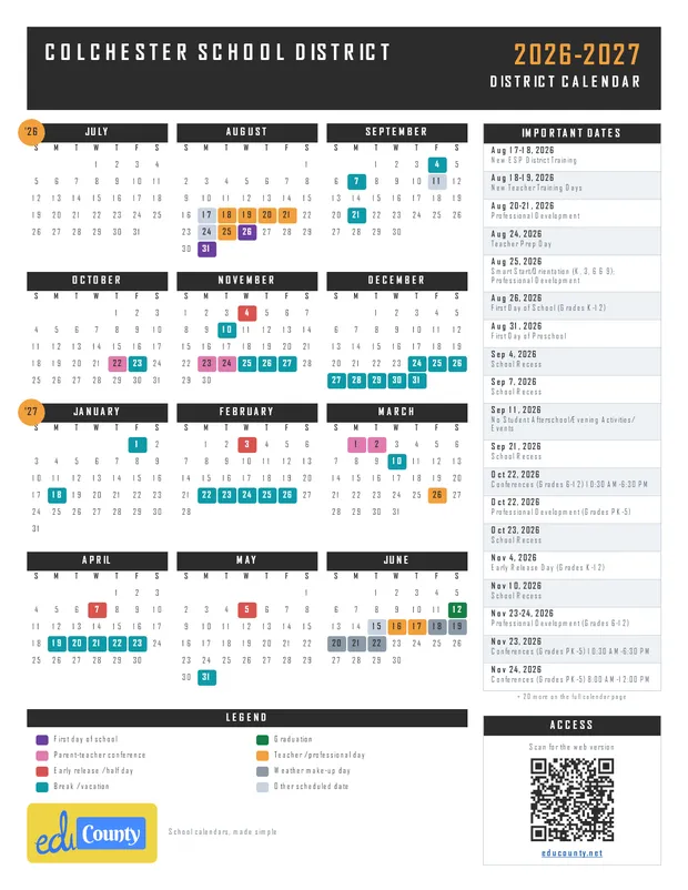 Colchester School District printable 2026-27 calendar