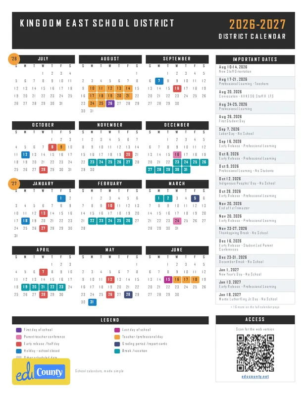 Kingdom East School District printable 2026-27 calendar