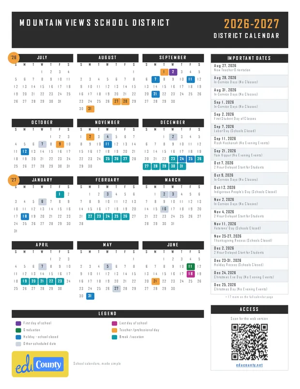 Mountain Views School District printable 2026-27 calendar