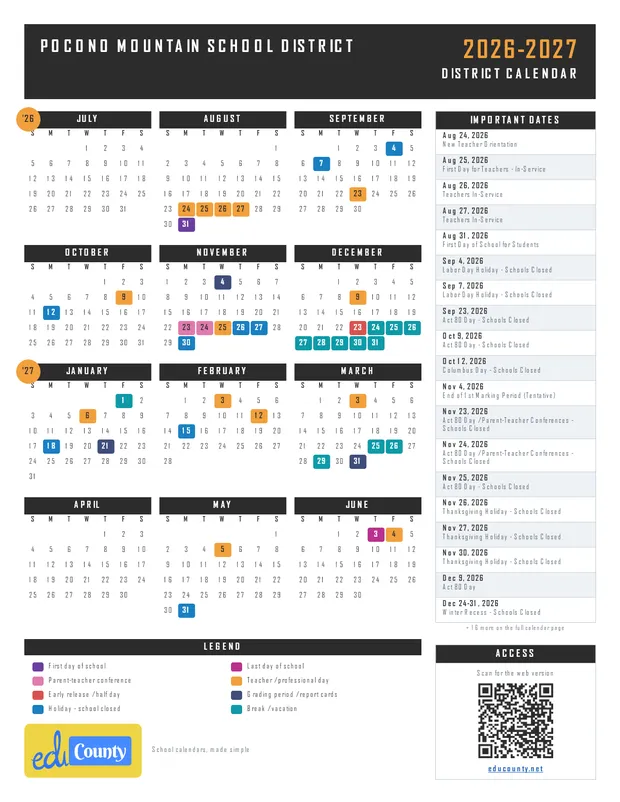 Pocono Mountain School District printable 2026-27 calendar
