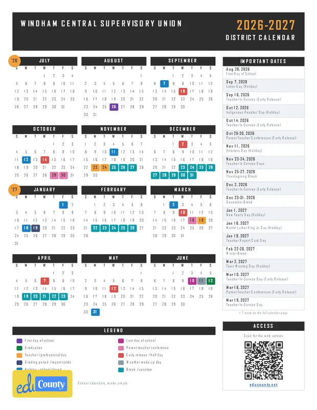 Windham Central Supervisory Union printable 2026-27 calendar