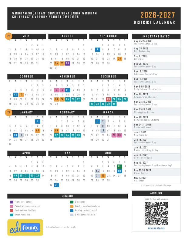 Windham Southeast Supervisory Union: Windham Southeast & Vernon School Districts printable 2026-27 calendar