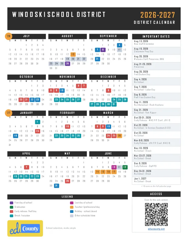 Winooski School District printable 2026-27 calendar