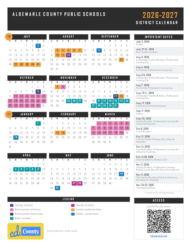 Albemarle County Public Schools printable 2026-27 calendar