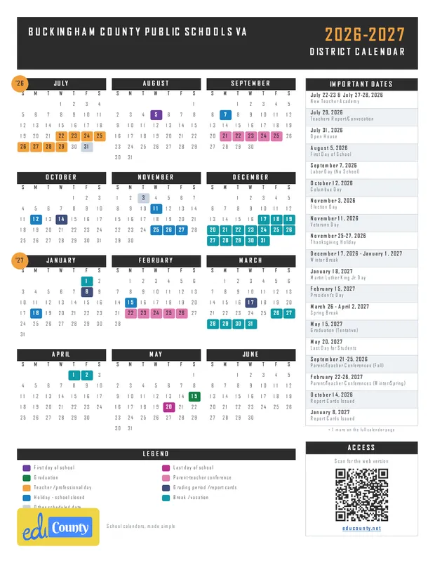 Buckingham County Public Schools printable 2026-27 calendar