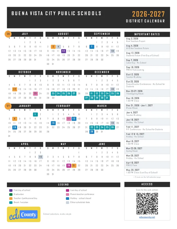 Buena Vista City Public Schools printable 2026-27 calendar
