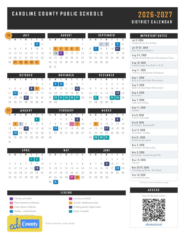 Caroline County Public Schools printable 2026-27 calendar