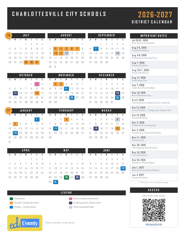 Charlottesville City Schools printable 2026-27 calendar