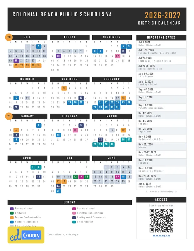Colonial Beach Public Schools printable 2026-27 calendar
