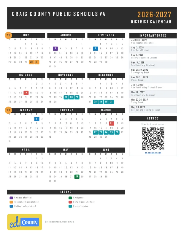 Craig County Public Schools printable 2026-27 calendar