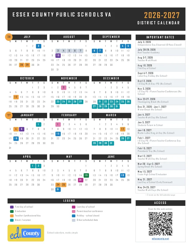 Essex County Public Schools printable 2026-27 calendar