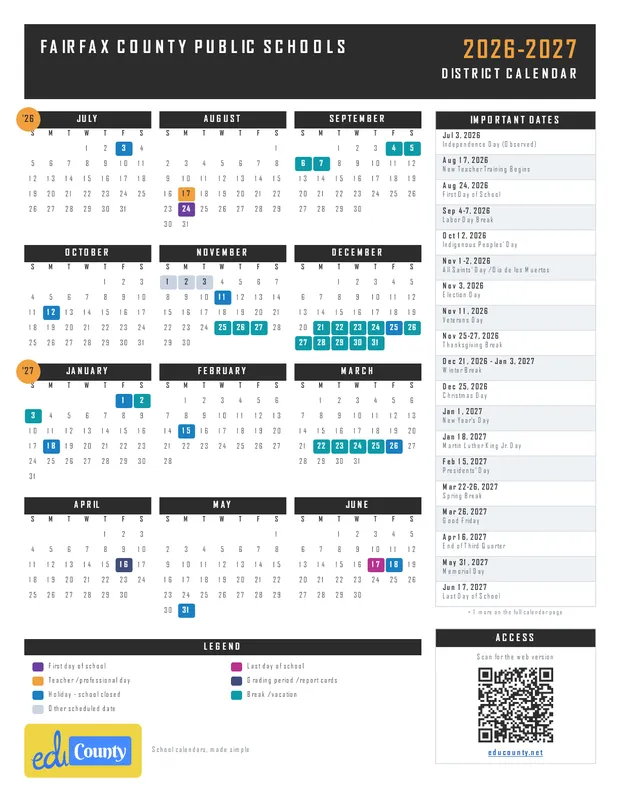 Fairfax County Public Schools printable 2026-27 calendar