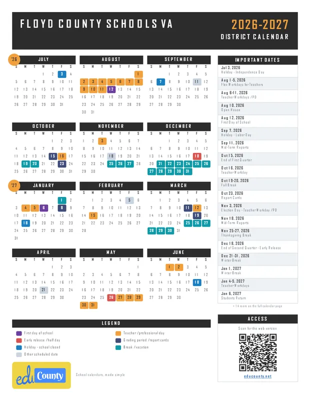 Floyd County Schools printable 2026-27 calendar