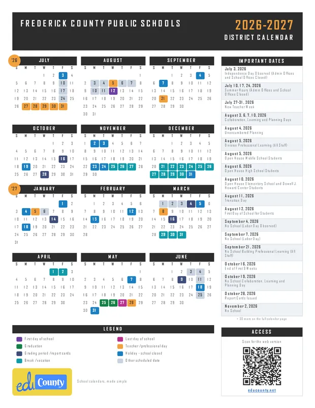 Frederick County Public Schools printable 2026-27 calendar
