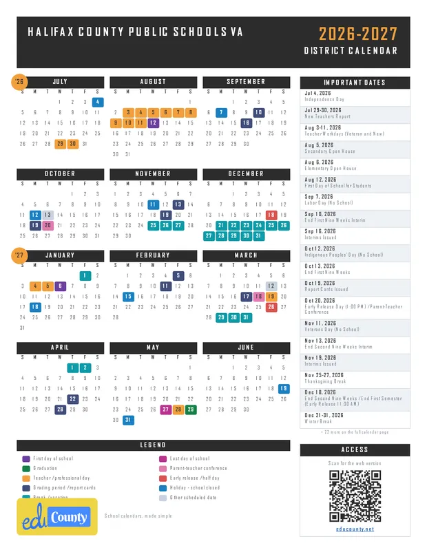 Halifax County Public Schools printable 2026-27 calendar