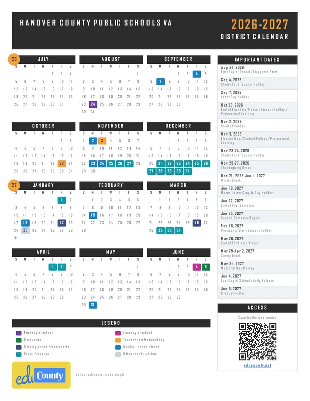 Hanover County Public Schools printable 2026-27 calendar