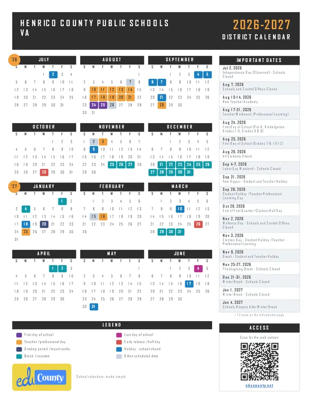 Henrico County Public Schools printable 2026-27 calendar