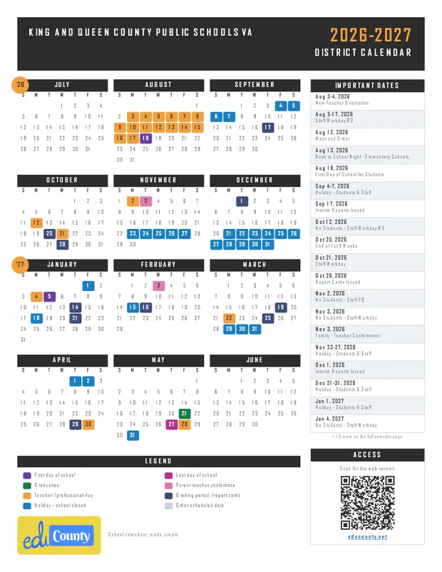 King and Queen County Public Schools printable 2026-27 calendar
