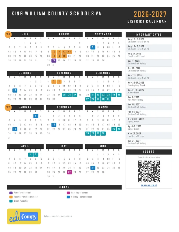 King William County Schools printable 2026-27 calendar