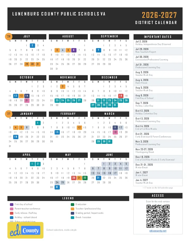 Lunenburg County Public Schools printable 2026-27 calendar