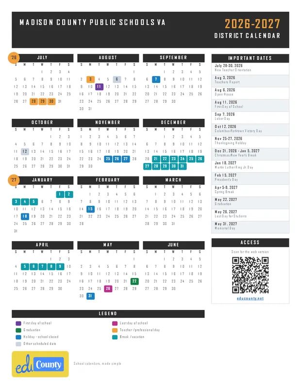 Madison County Public Schools printable 2026-27 calendar