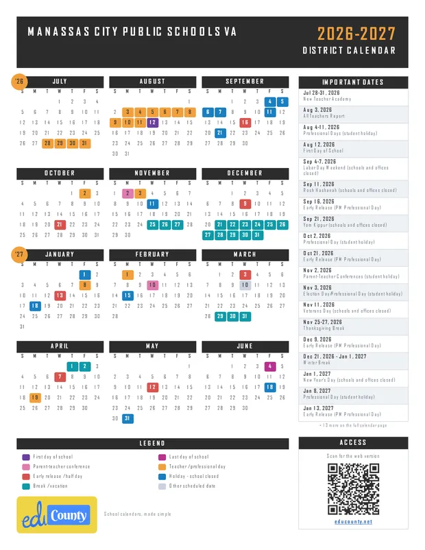 Manassas City Public Schools printable 2026-27 calendar