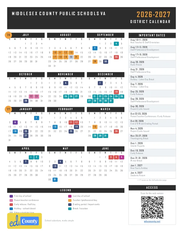 Middlesex County Public Schools printable 2026-27 calendar