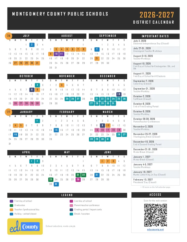 Montgomery County Public Schools printable 2026-27 calendar
