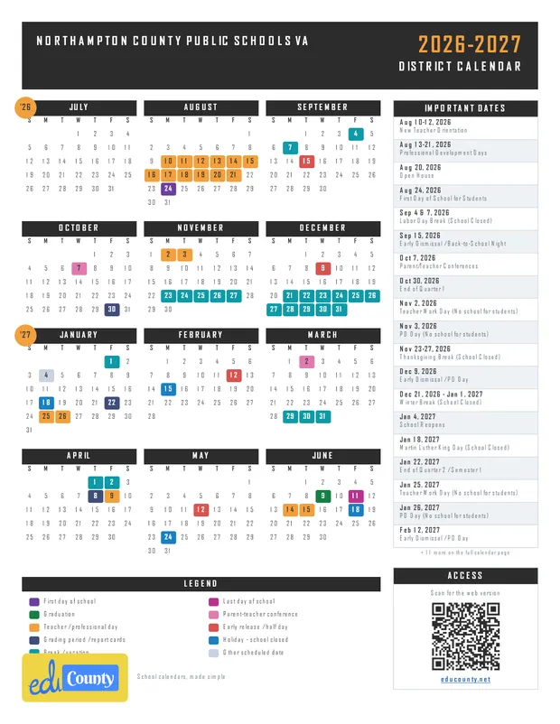 Northampton County Public Schools printable 2026-27 calendar
