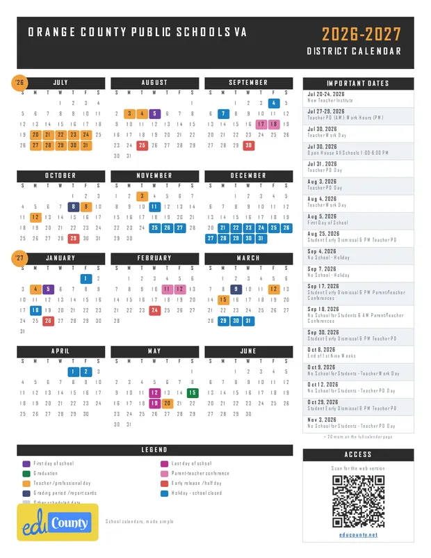 Orange County Public Schools printable 2026-27 calendar