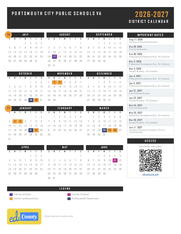 Portsmouth City Public Schools printable 2026-27 calendar