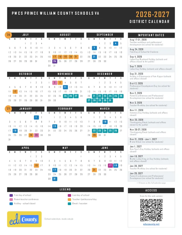 PWCS Prince William County Schools printable 2026-27 calendar