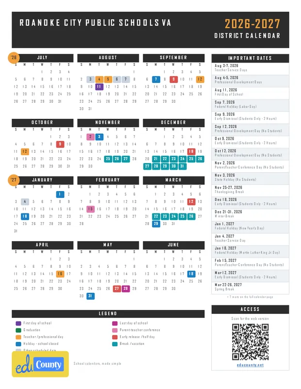 Roanoke City Public Schools printable 2026-27 calendar