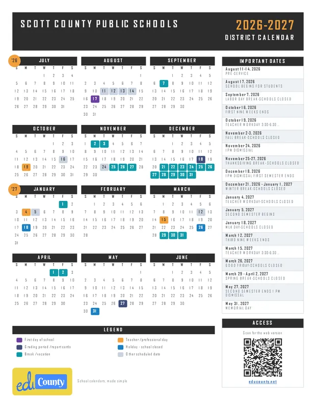 SCOTT COUNTY PUBLIC SCHOOLS printable 2026-27 calendar