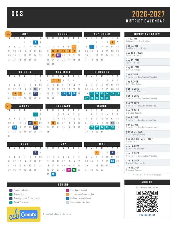 SCS printable 2026-27 calendar