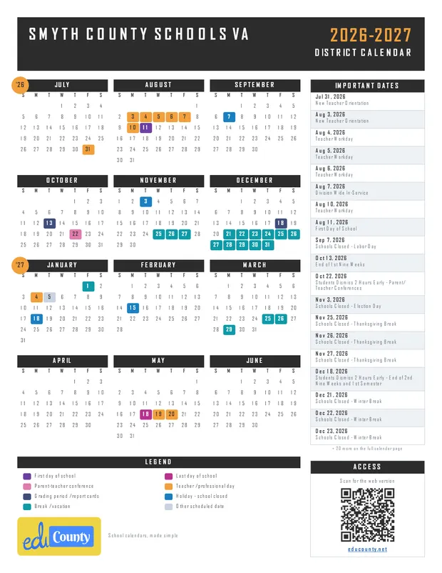 Smyth County Schools printable 2026-27 calendar
