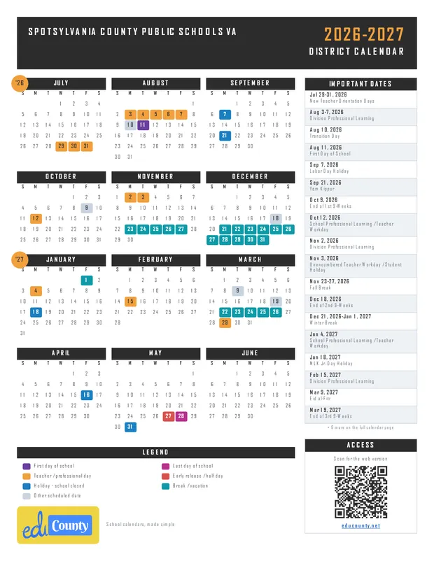 Spotsylvania County Public Schools printable 2026-27 calendar
