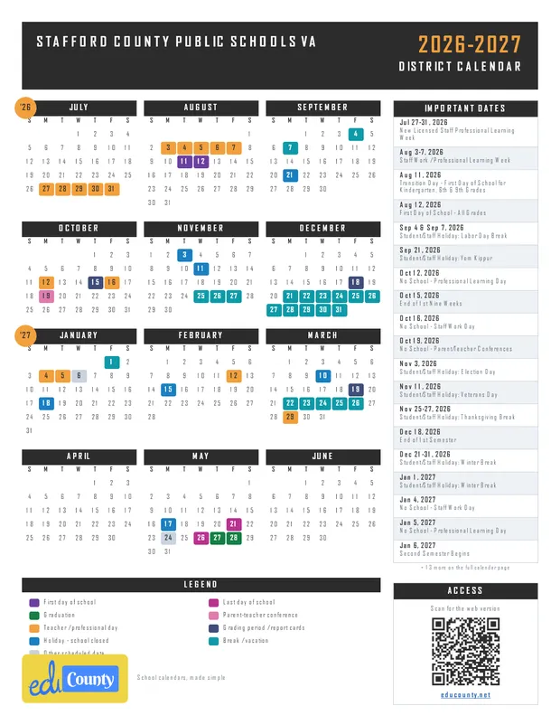 Stafford County Public Schools printable 2026-27 calendar