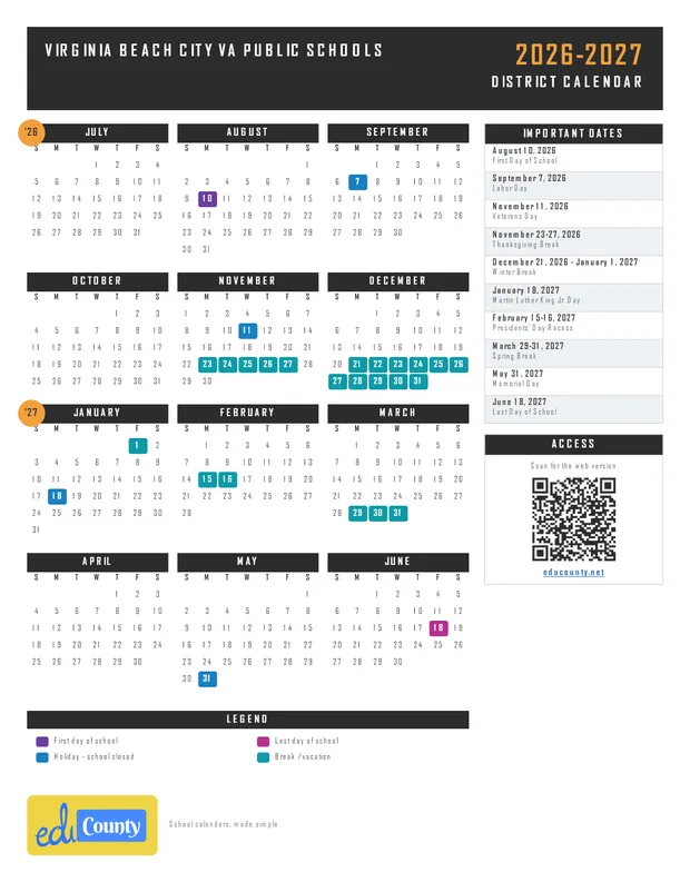 Virginia Beach City VA Public Schools printable 2026-27 calendar