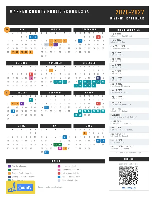 Warren County Public Schools printable 2026-27 calendar